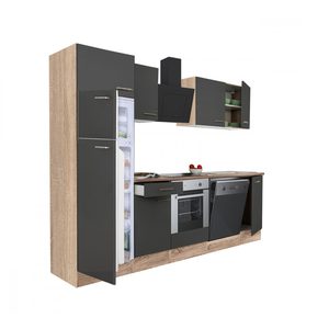 Mobilă de bucătărie Yorki 280, corp din stejar sonoma, față antracit satinat, element cuptor inferior, frigider congelator superior
