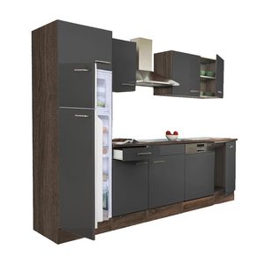 Mobilă de bucătărie Yorki 280, corp din stejar Yorki, față antracit satinat, frigider cu congelator superior