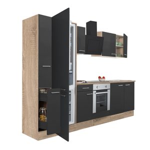 Mobilă de bucătărie Yorki 300, corp din stejar sonoma, față antracit satinat, element cuptor inferior, frigider congelator inferior
