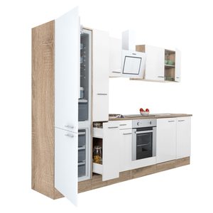 Mobilă de bucătărie Yorki 300, corp din stejar sonoma, față alb satinat, element cuptor inferior, frigider congelator inferior
