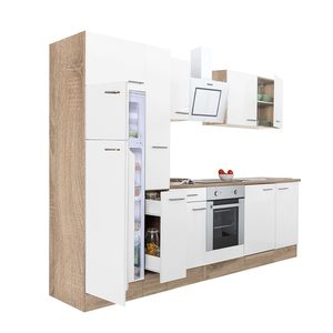 Mobilă de bucătărie Yorki 300, corp din stejar sonoma, față alb satinat, element cuptor inferior, frigider congelator superior
