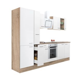 Mobilă de bucătărie Yorki 300, corp din stejar sonoma, față alb satinat, element inferior cuptor, dulap cu raft