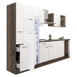 Mobilier de bucătărie Yorki 300, corp din stejar Yorki, față alb satinat, frigider cu congelator superior