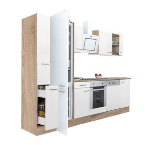 Mobilă de bucătărie Yorki 310, corp din stejar sonoma, față alb satinat, element cuptor inferior, frigider congelator inferior