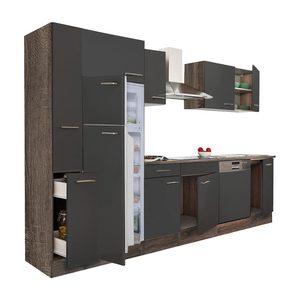 Mobilă de bucătărie Yorki 310, corp din stejar Yorki, față antracit satinat, frigider cu congelator superior