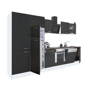 Mobilă de bucătărie Yorki 330, corp alb, față antracit satinat, element cuptor inferior, dulap cu rafturi și frigider cu congelator superior