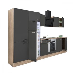 Mobilă de bucătărie Yorki 330, corp din stejar sonoma, front antracit satinat cu element cuptor inferior, dulap cu rafturi și frigider cu congelator superior.