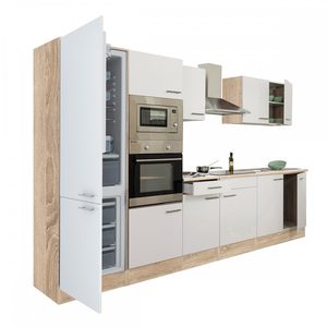 Mobilă de bucătărie Yorki 330, corp din stejar sonoma, față alb satinat, frigider cu congelator în partea de jos