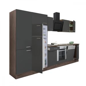 Mobilă de bucătărie Yorki 340, corp din stejar Yorki, front antracit satinat cu element cuptor inferior, dulap cu rafturi și frigider cu congelator superior.