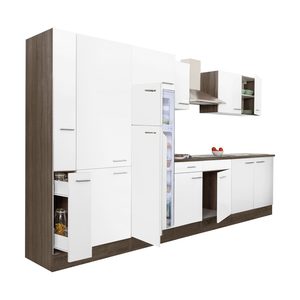 Mobilier de bucătărie Yorki 360, corp din stejar Yorki, față alb satinat, dulap cu rafturi și frigider cu congelator superior