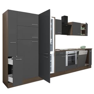 Mobilă de bucătărie Yorki 370, corp din stejar Yorki, front antracit satinat cu element cuptor inferior, dulap cu rafturi și frigider congelator inferior.