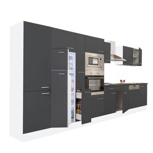 Mobilă de bucătărie Yorki 430, corp alb, față antracit satinat, frigider cu congelator superior