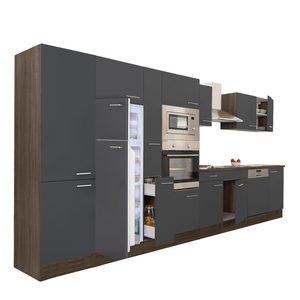 Mobilă de bucătărie Yorki 430, corp din stejar Yorki, față antracit satinat, frigider cu congelator superior