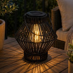 Lampion solar metalic 19 cm, iluminare ambientala LED, design decorativ pentru gradina, terasa sau balcon, negru