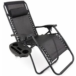 Sezlong pliant cu suport pahar, buzunar si perna, textilene, maxim 120 kg, 65x90x110 cm, negru