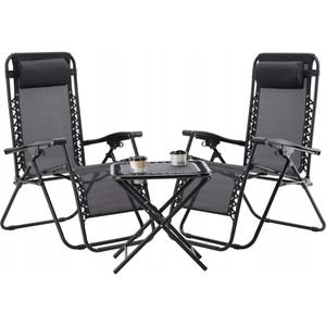Set 2 sezlonguri pliabile 90x65x110 cm cu masuta 50x50x50 cm, textilene si cadru metalic, negru