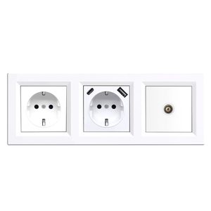 Priză cu împământare Nova, USB, priză TV cu cadru alb