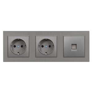 Priză cu două prize împământate Nova III cu conector UTP și cadru gri