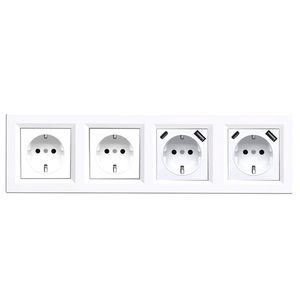 Priză Nova IV cu două prize cu împământare și două conectori USB cu cadru alb