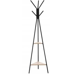 Cuier hol, metalic, 2 rafturi MDF, design minimalist, 180 cm, negru