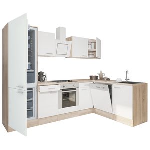 Mobilă de bucătărie de colț Yorki 280, corp din stejar sonoma, față alb satinat, element inferior cuptor, dulap frigider cu dedurizator de gătit inferior