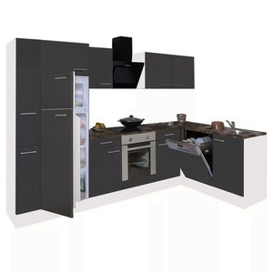Dulap de bucătărie de colț Yorki 310, corp alb, față antracit satinat, element cuptor inferior, frigider congelator superior