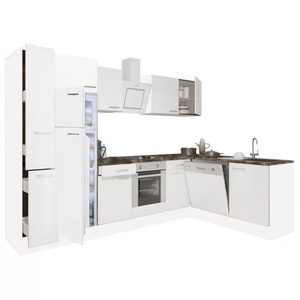 Mobilă de bucătărie de colț Yorki 310, corp alb, față alb satinat, element cuptor inferior, frigider congelator superior