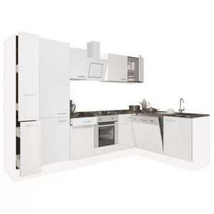 Mobilă de bucătărie de colț Yorki 310, corp alb, față alb satinat cu element inferior cuptor, dulap cu raft