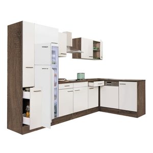 Mobilă de bucătărie de colț Yorki 310, corp din stejar Yorki, față alb satinat, frigider cu congelator superior