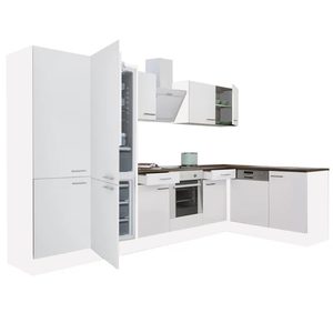 Dulap de bucătărie de colț Yorki 340, corp alb, față alb satinat, element cuptor inferior, dulap cu raft, frigider congelator inferior
