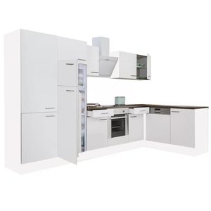 Dulap de bucătărie de colț Yorki 340, corp alb, față alb satinat, element cuptor inferior, dulap cu raft, frigider congelator superior