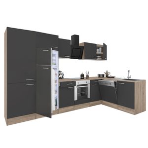 Mobilă de bucătărie de colț Yorki 340, corp din stejar sonoma, față antracit satinat, element cuptor inferior, dulap cu rafturi, frigider congelator superior