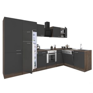 Mobilă de bucătărie de colț Yorki 340, corp stejar Yorki, front antracit satinat, element cuptor inferior, dulap cu rafturi, frigider congelator superior.