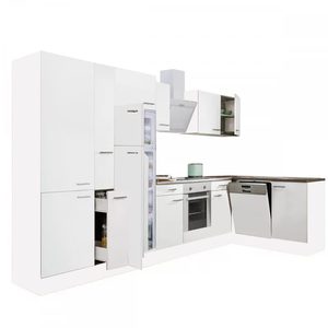 Dulap de bucătărie de colț Yorki 370, corp alb, față alb satinat, element cuptor inferior, dulap cu raft, frigider congelator superior