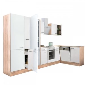 Mobilă de bucătărie de colț Yorki 370, corp din stejar sonoma, față alb satinat, element cuptor inferior, dulap cu rafturi, frigider congelator inferior