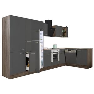Mobilă de bucătărie de colț Yorki 370, corp stejar Yorki, față antracit satinat, element cuptor inferior, dulap cu rafturi, frigider congelator superior