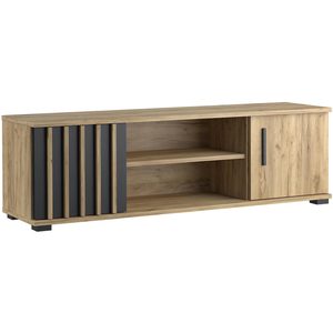 Comoda TV moderna 140x37 cm cu 2 usi si rafturi, finisaj craft cu negru