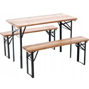 Set berarie din lemn masiv, plabil, pentru terasa sau gradina, o masa si doua banci, 117x56cm, natur