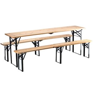 Set berarie din lemn masiv, plabil, pentru terasa sau gradina, o masa si doua banci, 220x50 cm, natur