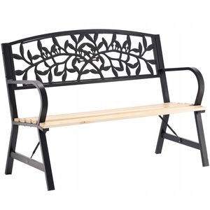 Banca de gradina din lemn si otel cu spatar decorativ model frunze, 120x56x87 cm, negru si maro natur