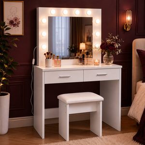 Masa de toaleta si machiaj Hollywood, alba, cu 2 sertare, oglinda si 12 LED-uri, taburet tapitat, 80x40x140 cm