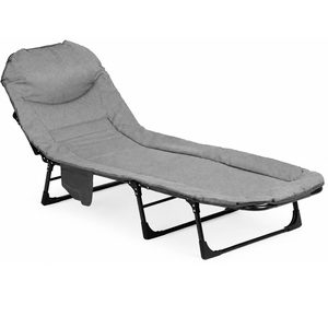 Pat camping pliabil tip sezlong, cu tetiera reglabila si buzunar lateral, maxim 120 kg, 65x200x88 cm, gri