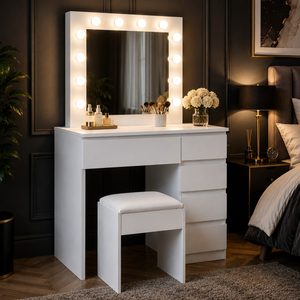 Masa de toaleta si machiaj Hollywood Pro, alba, cu 5 sertare, oglinda si 12 LED-uri, taburet tapitat, 94x43x140 cm
