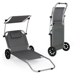 Sezlong pliabil pentru plaja cu roti, cadru metalic si tesatura oxford, parasolar si tetiera, 120 kg, gri