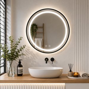 Oglinda baie LED rotunda cu functie anti-aburire, iluminare reglabila cu control tactil, 60 cm, negru