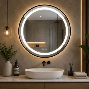 Oglinda baie LED rotunda cu functie anti-aburire, iluminare reglabila cu control tactil, 80 cm, negru
