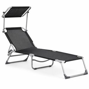 Sezlong pliabil cu parasolar, spatar reglabil, 178x57 cm, 150 kg, negru