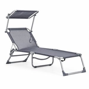 Sezlong pliabil cu parasolar, spatar reglabil, 178x57 cm, 150 kg, gri
