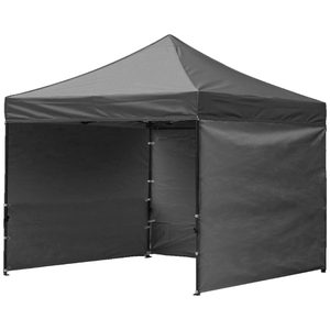 Cort tip pavilion cu 3 pereti laterali, structura solida otel si acoperis impermeabil PVC, 3x3 m cu inaltime reglabila, gri