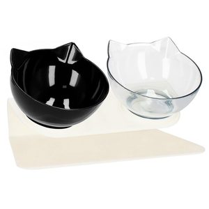 Bol ortopedic dublu pentru hrana si apa pisici, inclinare de 15 grade, baza antiderapanta, transparent si negru